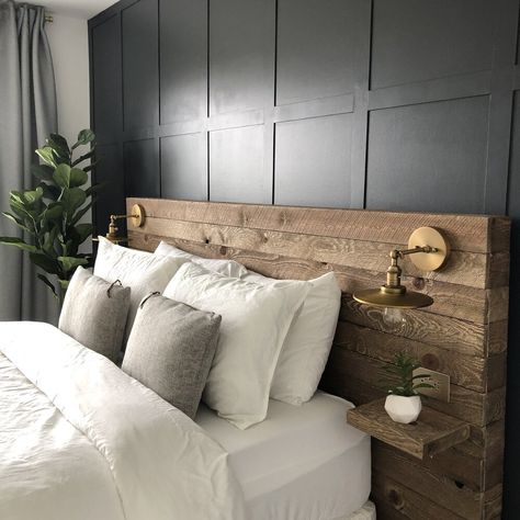 Wood Headboard Bedroom, Diy Headboard Wooden, Diy Wood Headboard, Diy Bed Headboard, Reclaimed Wood Headboard, Colorful Headboard, Headboard Ideas, Headboard With Lights, Headboard Wall