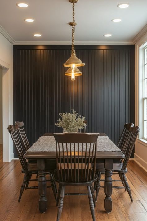 39 Black Accent Wall Designs for a Bold Home Makeover Panel Accent Wall Dining Room, Moody Kitchen Accent Wall, Black Accent Walls In Dining Room, Black Paneling Wall, Accent Wood Panel Wall, Painted Ceiling And Accent Wall, Modern Accent Wall Dining Room, Geometric Wall Design Ideas, Diy Dining Room Accent Wall Ideas