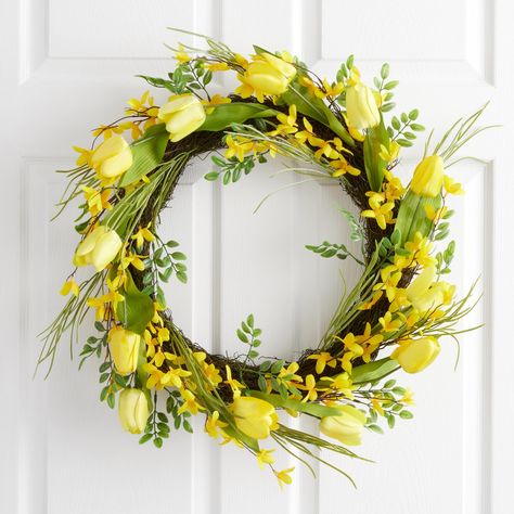 Sunny style abounds in this 22-inch wreath, blooming with faux flowering forsythia and bright yellow tulips. Perfect for spring and pretty year round, it brings a splash of cheerful color to your decor. Also could be used for home decor,hanging decor,wall decor,spring decor,spring wreath. By Cost Plus World Market.619322 Doorway Decor Entryway, Faux Tulips, Forsythia Wreath, Doorway Decor, Cottage Core Decor, Easter Spring Wreath, Spring Yellow, Fresh Flower Bouquets, Yellow Home Decor