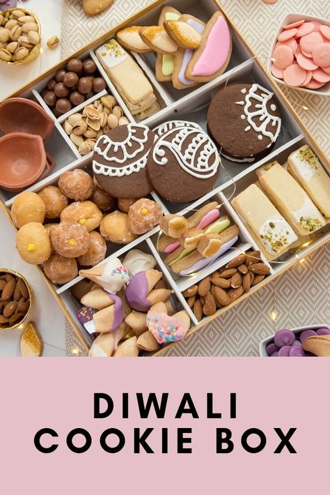 Diwali Cookie Box with diya sugar cookies, rasmalai shortbread, and mango cream cheese doughnut holes. Diwali Baking Ideas, Diwali Dessert Hampers, Mithai Boxes Packing, Desert Box Gift, Diwali Gift Box Ideas, Diwali Cake, Sweet Platter, Gift Wrapping Birthday, Fusion Desserts