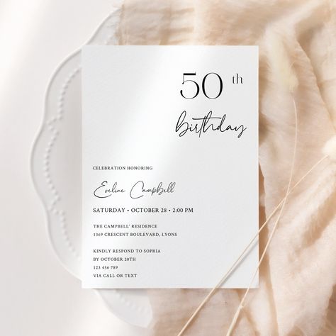 "Editable 50th Birthday Invitation. Modern minimalist Birthday Invitations template. Printable or Phone SMS virtual Birthday Evite. Simple invitation with elegant calligraphy. Use these templates to edit fonts, font colors, and background colors as you wish. NO EXPIRATION DATE! This is a DIGITAL TEMPLATE - you can instantly edit yourself via the Corjl website, it's quick and easy! You will receive an email from CORJL.COM just moments after purchase to edit your template. For details please visit 50th Birthday Invites For Men, 50th Birthday Invitations For Women, Bday Invitation Card, Simple Birthday Invitation, Simple Invitations, Elegant Birthday Invitations, Virtual Birthday, 50th Birthday Invitation, Minimalist Birthday