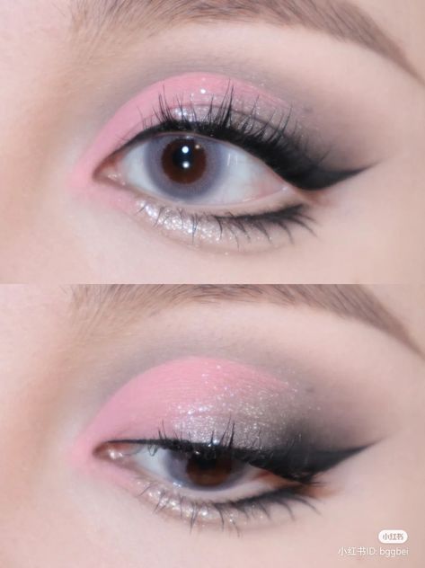 Gray And Pink Makeup, Grey Pink Makeup, Grey And Pink Makeup, Pink And Grey Makeup, Pink And Silver Eyeshadow, Grey Makeup, Sparkly Makeup, Cute Eye Makeup, Korean Eye Makeup