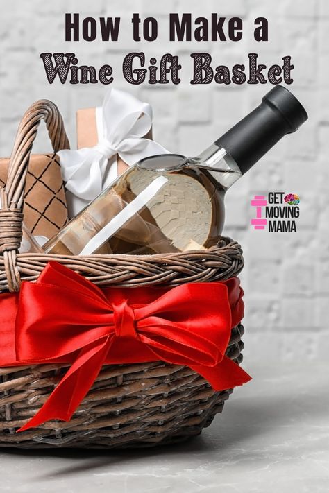 Learn how to make a wine gift basket for a wedding or another special event! These wine basket tips will help you create the perfect gift! Birthday Wine Basket Gift Ideas, Wine Pampering Basket, Diy Wine And Cheese Basket, Wine And Fruit Basket, Wine Housewarming Gift Basket Ideas, Wine Chocolate Gift Basket, Red Wine Gift Basket Ideas, Wine Basket Ideas Diy, Wine And Snacks Gift Basket