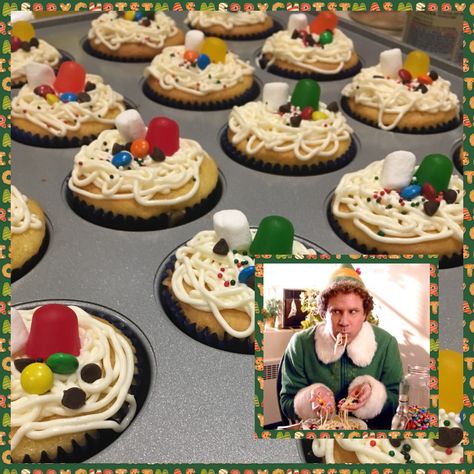 Elf Movie Cupcakes, Elf Dinner Party, Elf Holiday Party Ideas, Christmas Movie Themed Desserts, Christmas Movie Desserts, Elf Spaghetti Cookies, Elf Movie Themed Party Food, Elf Desserts Buddy The, Elf Family Movie Night