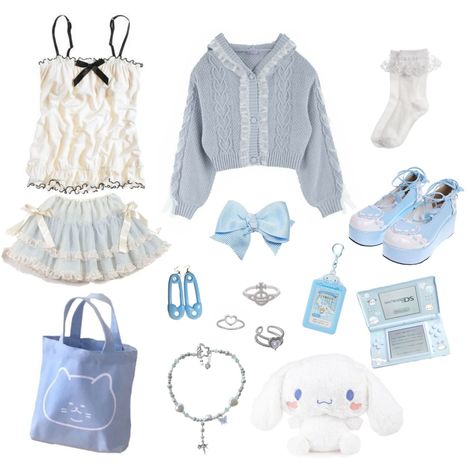 Blue Kawaii Clothes, Blue Outfit Ideas Aesthetic, Txt Concert Outfit Ideas Blue Hour, Cute Blue Clothes, Light Blue Coquette Outfit, Soft Blue Clothes, Blue Kawaii Outfit, Marisa Aesthetic, Light Blue And White Outfit