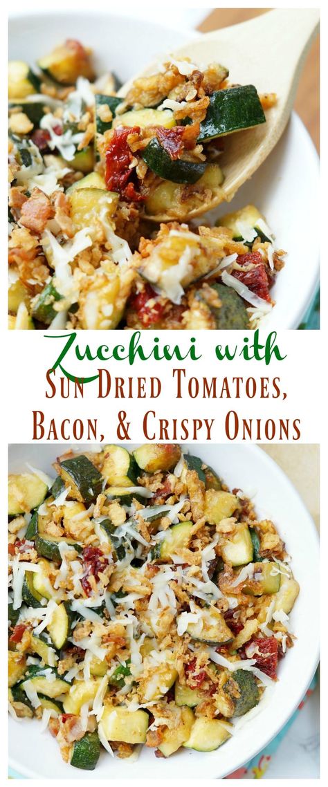 Bacon Tomato, Crispy Onions, God Mat, Dinner Sides, Veggie Side Dishes, Sun Dried Tomatoes, Mediterranean Diet Recipes, Vegetable Sides, Healthy Side Dishes