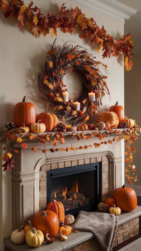 Autumn Entryway Decor, Modern Fall Decor Ideas, Classy Interior, Fall Fireplace Decor, Modern Fall Decor, Fall Decor Diy Crafts, Fall Mantle, Cozy Fall Decor, Fall Decor Inspiration