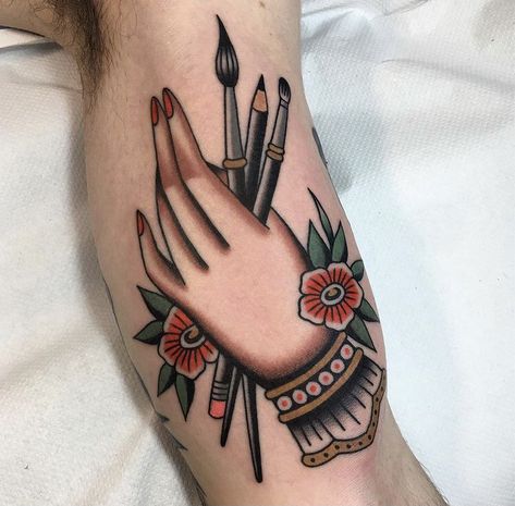 Tattoo Of A Hand Traditional, Paintbrush Tattoo Traditional, Traditional Tattoo Of A Hand, American Traditional Thumb Tattoo, Traditional Paintbrush Tattoo, Traditional Tattoo Art Hand, Hand Holding Letter Tattoo, American Traditional Hand Holding Flower, Vintage Hand Tattoo