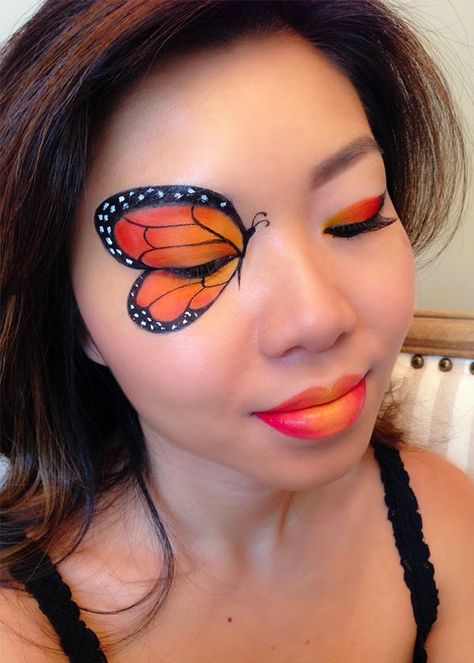 monarch butterfly eye Monarch Butterfly Makeup, Ombre Lipstick, Halloween Gesicht, Butterfly Face Paint, Halloween Make-up Looks, Face Paint Ideas, Animal Makeup, Butterfly Eyes, Butterfly Makeup