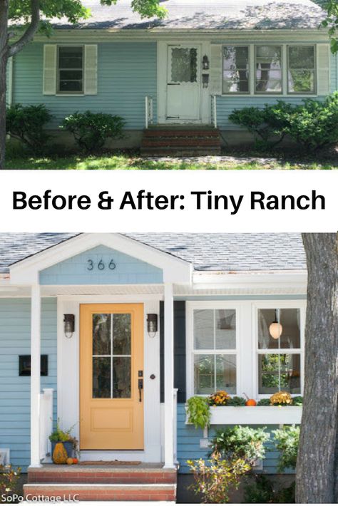 You won't believe this Before & After: Tiny Ranch transformation in Maine. If you're house hunting or you already live in a small, nondescript ranch that needs renovating, check out this remodel for great ideas and possibilities! #beforeandaftertinyranch #DIYremodel #houserenovation Small Ranch House, Small House Remodel, Small Home Remodeling, Ranch House Remodel, Architecture Renovation, Ranch House Exterior, House Makeovers, Ranch Remodel, Ranch Exterior