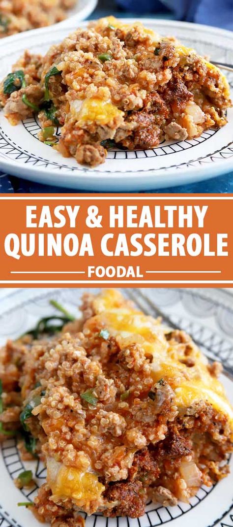 Need a dish that doesn't bring the guilt, but packs in tons of flavor? Make a healthy quinoa casserole for your next lightened up dinner. Our recipe takes inspiration from Tex-Mex cuisine with a homemade taco seasoning mixed into ground beef, spinach, salsa, and quinoa. Get the recipe now. #casserole #quinoa #foodal Quinoa Healthy Recipes Easy, Quinoa And Meat Recipes, Healthy Quinoa Casserole Recipes, Quinoa With Ground Beef Recipes, Ground Beef And Quinoa Recipes Healthy, Quinoa Recipes Dinner Beef, Ground Chicken Quinoa Recipes, Quinoa And Beef Recipes, Quinoa And Ground Beef Recipes