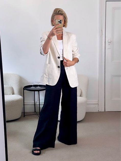 Oversized Linen Blazer curated on LTK White Linen Blazer Outfit Women, White Oversized Blazer Outfit, Beige Linen Blazer Outfit, White Linen Blazer Outfit, White Blazer Outfit Dressy, Linen Blazer Outfit Women, Blazer Skirt Outfit, Linen Blazer Outfit, Dark Jeans Outfit