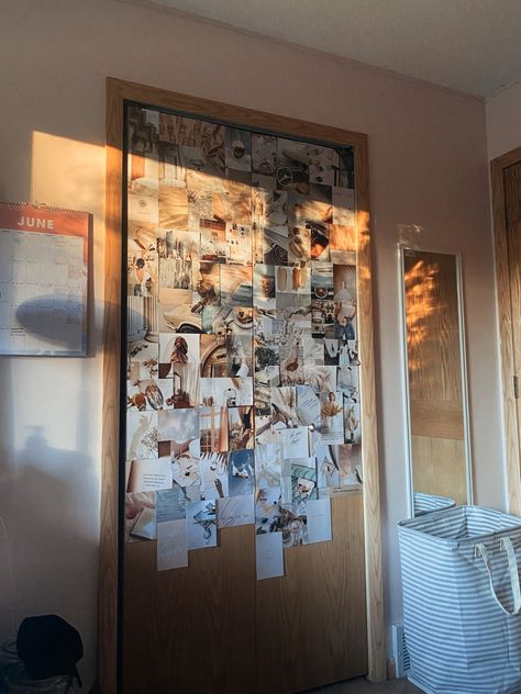 Pictures On Closet Door, Closet Door Picture Collage, Door Collage Bedroom, Door Collage, Uni Bedroom, Bedroom Moodboard, College Room Decor, Apartment Vibes, Door Picture