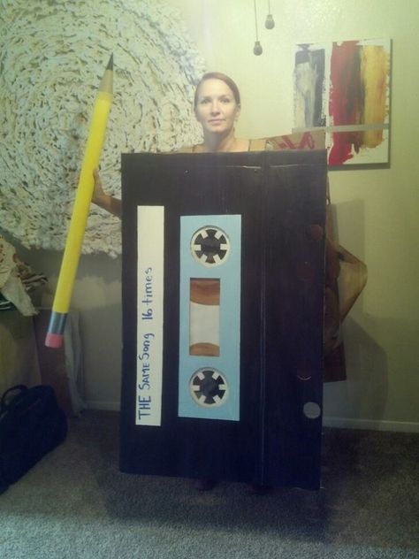 A costume I created from a discarded water heater box. #80s #tape #cassette #pencil #theme #recycled #upcycled Cassette Tape Costume, Mascara Carnaval, 80s Halloween, Music Themed Parties, Tape Cassette, Dollar Store Diy Organization, Diy Halloween Costumes Easy, Cricut Halloween, 90s Party