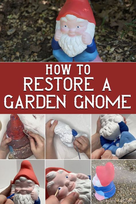 How to Restore a Garden Gnome | Follow this easy and fun tutorial and learn how to restore a garden gnome that has been weathered by time and the elements. Get the tips to create a smooth surface on which to paint, and even what to do before you get started - it will save you SO much hassle and time. Click through to get the tutorial on how to refurbish a vintage garden gnome for outdoors from Sarah with Ruffles and Rain Boots. | Follow RufflesAndRainBoots.com to see more garden gnome ideas! Ceramic Garden Gnomes Ideas, Gnome Garden Painting, Painted Garden Gnomes, Vintage Garden Gnomes, Garden Gnomes Ideas, Gnome Garden Outdoor, Garden Nomes, Garden Gnomes For Sale, Outdoor Gnomes