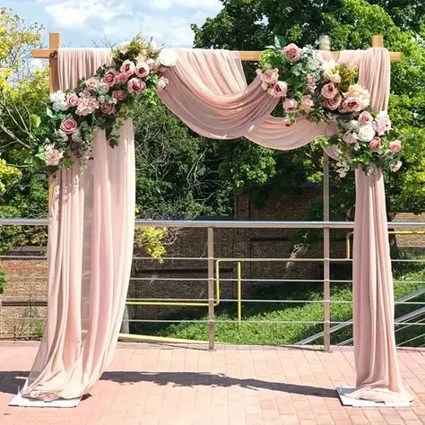 Gorgeous Wedding Arch Drapes Gauze Decoration Backdrop - Temu Wedding Altars Outdoor Tree, Wedding Arch Floweres, White And Blush Flower Arch, Using Tree As Wedding Arch, Floral Arch Wedding Triangle, Wedding Lights Arch, Wedding Arch Without Fabric, Mountain Flower Arch, Pink Curtains Wedding