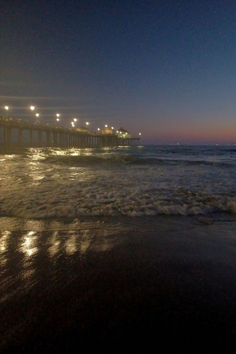 Beach In The Night Aesthetic, Pier At Night Aesthetic, Pier Aesthetics Night, Beaches At Night Aesthetic, Summer Nights Aesthetic Beach, Grainy Beach Aesthetic, Beach At Night Aesthetic Wallpaper, Midnight Beach Aesthetic, Huntington Beach Aesthetic