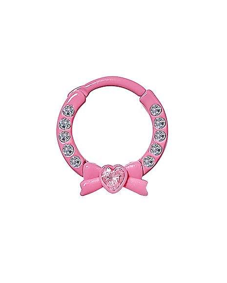 CZ Pink Heart Bow Septum Rings - 16 Gauge - Spencer's Heart Gauges Aesthetic, Heart Septum Ring, Pink Septum Piercing, Pink Septum, Cute Septum Rings, Stretched Septum, Piercings Jewelry, Ear Curation, Outfit Pieces