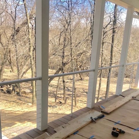 Rebuilding a Screen Porch: Key features - Wandering Garden Farm Cable Railing Screened In Porch, Screened Porch Railing Ideas, Screened In Porch With Railing, Screened In Porch Railing Ideas, Screened In Porch Railing, Porch Balusters, Exterior Updates, Ground Level Deck, Lake Landscaping