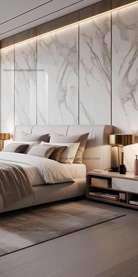 This master bedroom merges modern interior design with cozy comfort effortlessly. Subtle textures and a neutral color palette define the modern essence of this bedroom. Modern Luxury Bedroom Black, Modern Classic Bedroom, Bedroom Design Luxury, Futuristic Bedroom, Wall Headboard, Marble Bedroom, Wall Art Decor Bedroom, Neutral Bedroom Decor, Bedroom Interiors