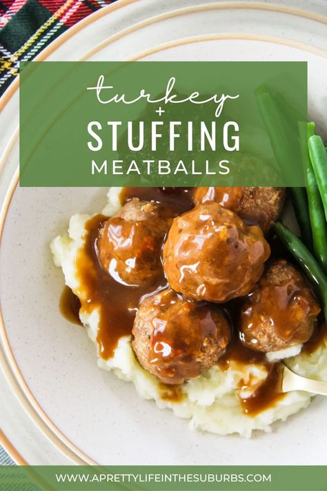 Meals With Turkey Meatballs, Turkey Meatballs With Stove Top Stuffing, Turkey Thanksgiving Meatballs, Turkey Cranberry Stuffing Meatballs, Apple Butter Bourbon Meatballs, Fall Harvest Outfit, Turkey And Dressing Balls, Ground Turkey Stuffing Balls, Turkey Stuffed Meatballs