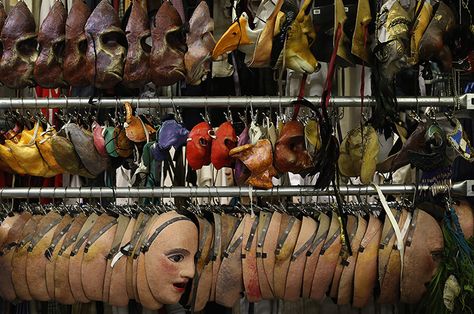 Credit: Dan Kitwood/Getty Images Masks hang on a rail Costume Department, Technical Theatre, Props Storage, Theatre Props, Mode Costume, Theatre Design, Theatre Costumes, National Theatre, Costume Mask