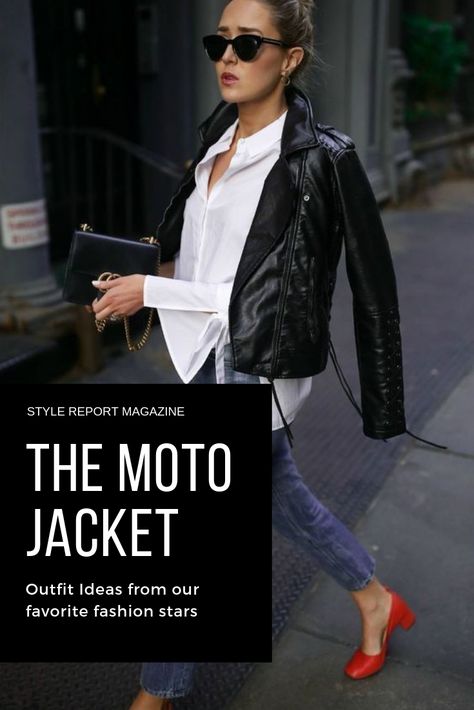 Items to style with your black leather moto jacket! Statement sleeve white button up, cropped denim and red shoes, street style outfit ideas Biker Jacket Outfit Women 2023, Black Leather Jacket Work Outfit, Leather Jacket Outfit Spring 2023, Casual Black Leather Jacket Outfit, Moto Jacket Work Outfit, Styling Leather Moto Jacket, Moto Jacket Styling, Styling A Black Leather Jacket, Red Leather Biker Jacket Outfit