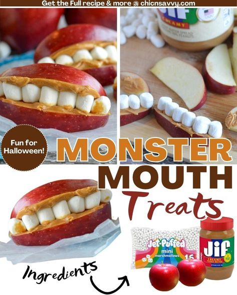 Make a fun MONSTER MOUTH with peanut butter and apple with marshmallow teeth for Halloween! Apple Peanut Butter Teeth, Apple Monster Snacks, Apple Mouths Halloween, Apple Peanut Butter Marshmallow Teeth, Halloween Apple Teeth, Apple Teeth Halloween, Apple Marshmallow Teeth, Apple Teeth Snack, Apple Monster Mouth