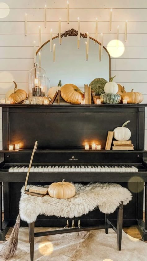 Harry Potter Halloween Decor! | Halloween mantle decor, Diy halloween decorations, Chic halloween decor Harry Potter Halloween Decor, Chic Halloween Decor, Halloween Mantle Decor, Piano Decor, Halloween Decor Diy, Hallowen Ideas, Halloween Mantle, Halloween Mantel, Retreat Ideas