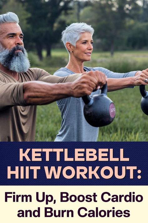 🔥 Ignite your fitness journey with this HIIT kettlebell workout. 💪 Perfect for 45+ adults looking to firm up and boost cardio. 🏋️‍♀️ Save this pin, then click-through to see how you can swing your way to a healthier you! Video included. #KettlebellHIIT #FitOver45