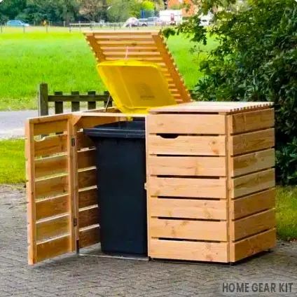 Outdoor Garbage Storage, Garbage Can Shed, Storage Shed Ideas, Trash Can Storage Outdoor, Small Storage Shed, Hide Trash Cans, Garbage Can Storage, Garbage Shed, Trash Can Covers