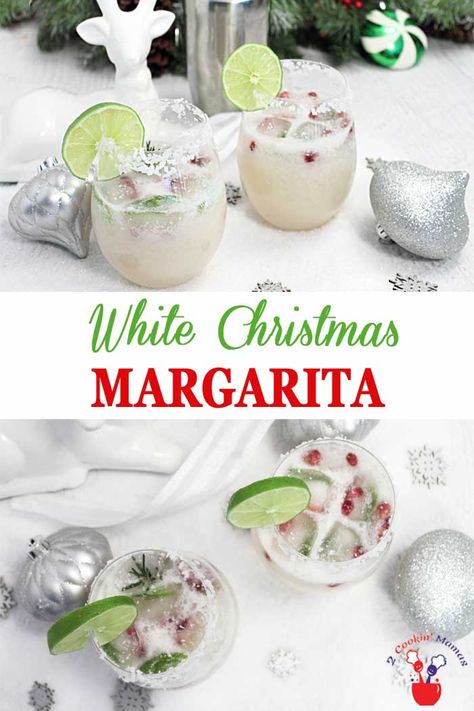 White Christmas Margarita | 2 Cookin Mamas The holidays never tasted so good! Our White Christmas Margarita has all the flavors of a standard margarita with the addition of white cranberry juice and coconut. Make it for 2 or a crowd and put a little bit of tropical in your winter cocktail. #cocktail #Christmascocktail #recipe #margarita Winter Margarita Recipe Holiday Drinks, Christmas Margaritas For A Crowd, Margarita Christmas, White Christmas Margarita, Christmas Margarita, Christmas Cocktails Easy, Christmas Food Ideas, Cocktail Christmas, Jul Mad