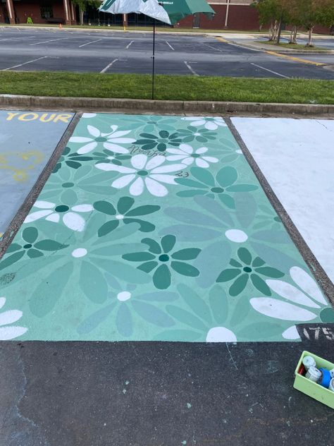 Plant Parking Spot Painting, School Brick Painting Ideas, Strawberry Parking Spot, Green Senior Parking Spot, Senior Parking Spaces Unique, Senior Parking Spaces Aesthetic, Senior Parking Spots Flowers, Parking Spot Designs Senior, Floral Parking Spot Painting