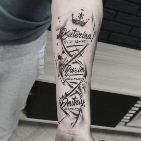 65 Unique DNA Tattoos, Ideas, & Meaning - Tattoo Me Now Baby Tattoo For Dads, Family Sleeve Tattoo, Tattoos Arm Mann, Family Tattoos For Men, Maching Tattoos, Pocket Watch Tattoos, Dna Tattoo, Names Tattoos For Men, Father Tattoos