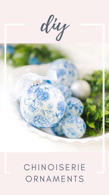 Steph | Diary of a Debutante on Instagram: "💙 DIY CHINOISERIE ORNAMENTS 💙 You guys loved my chinoiserie pumpkins, so I thought I’d put those same decoupage skills to use and make a handful of chinoiserie ornaments, too! These DIY ornaments are seriously so easy to make, even if you aren’t particularly crafty, and they make an amazing addition to blue and white Christmas decor! Here’s everything you need to make them—⁠ ⁠ -Round white ornaments of any size (if yours aren’t white, swirl some whit Chinoiserie Ornaments Diy, Blue And White Christmas Decor, Diy Chinoiserie, Chinoiserie Ornaments, Chrismas Crafts, Chinoiserie Pumpkins, Blue And White Christmas, Recycled Paper Crafts, Chinoiserie Christmas