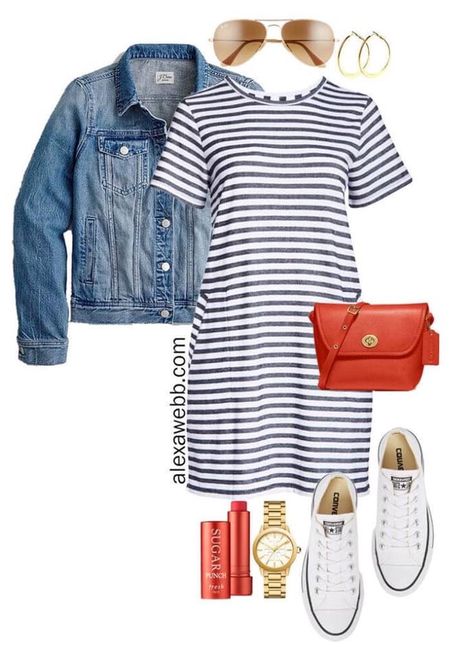 Navy Striped Dress Outfit, Striped Dress Outfit, Alexa Webb, Shirt Dress Outfit, Platform Converse, Look Plus Size, Striped T Shirt Dress, Stripe T Shirt, Jeans Jacket