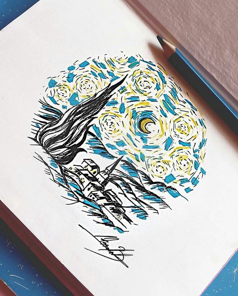 How To Draw The Starry Night, Van Gogh Simple Drawing, Starry Night Colored Pencil, Starry Night Illustration Art, Vincent Van Gogh Sketches, Starry Night Pencil Drawing, Van Gogh Watercolor Paintings, Starry Night Drawing Easy, How To Draw Starry Night