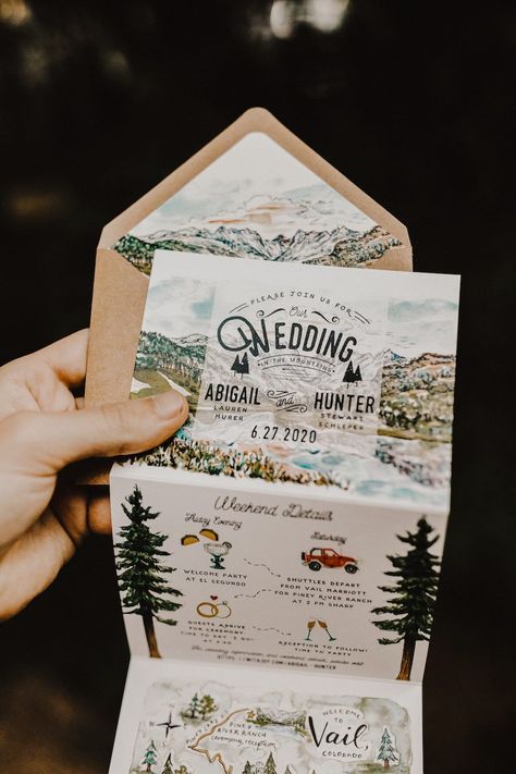 Cool Wedding Save The Date, Mountain Wedding Palette, Outdoorsy Style Wedding, Colorado Wedding Invitations, Vintage Mountain Wedding, Wedding Invitations Outdoor, Retro Mountain Wedding, Outdoorsy Wedding Theme, Spring Mountain Wedding Ideas