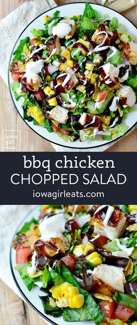 BBQ Chicken Chopped Salad - Iowa Girl Eats Chicken Salad Dinner Ideas, Bbq Salad Recipes, Bbq Chopped Salad, Dinner Salad Ideas, Salad With Meat, Bbq Chicken Chopped Salad, Bbq Salad, Veggie Salads, Chopped Salads