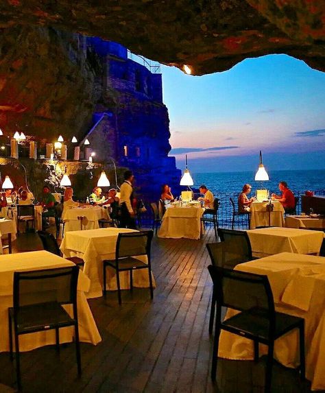 Grotta Palazzese - Polignano, Italy Grotta Palazzese, Cave Restaurant, Diani Beach, Kyoto Japan Travel, Kyoto Travel, Places In Italy, Puglia Italy, Outdoor Restaurant, Italy Trip