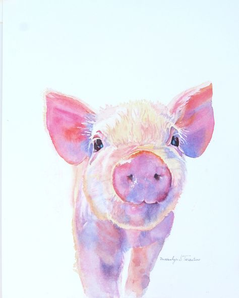 Farm Animal Paintings, Pig Painting, Animal Drawings Sketches, Pig Art, Farm Art, Cow Painting, Water Colors, Watercolor Animals, Farm Animal