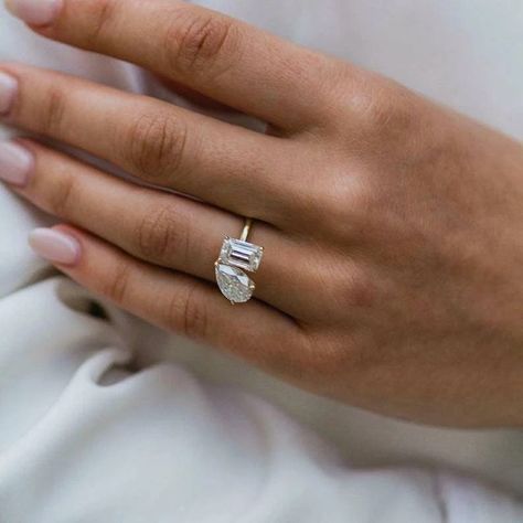 Double Stone Engagement Ring, Engagement Ring Pear, Expensive Rings, Pear Cut Engagement Rings, Emerald Cut Moissanite, Beautiful Diamond Rings, Pear Engagement Ring, Colorless Diamond, Dream Engagement