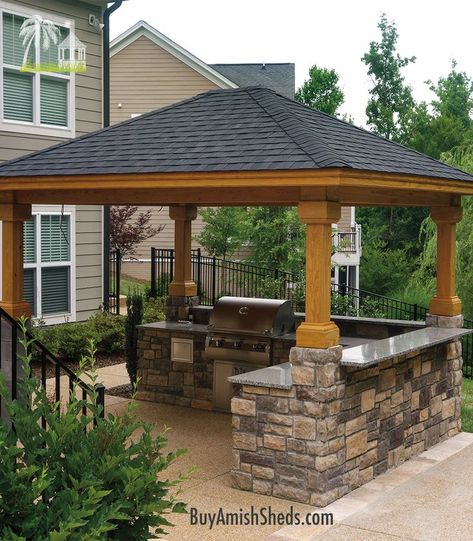 Pavillion Backyard, Wooded Backyard Landscape, Outdoor Grill Diy, Gazebo Bar, Small Pool Houses, Bbq Gazebo, Outdoor Grill Station, Outdoor Barbeque, Outdoor Kitchen Plans