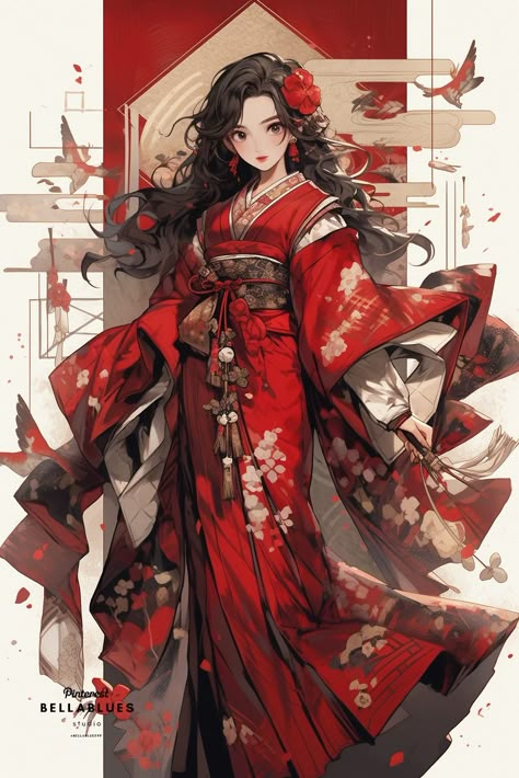 Fantasy Kimono Art, Anime Kimono Woman, Anime Kimono Art, Anime Kimono Design, Fantasy Kimono, Princess Lolly, Ancient Japanese Clothing, Animated Clothing, Geisha Anime