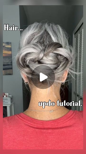 Erika Fenimore | Mature Beauty Bestie on Instagram: "Messy updo time. I mean who doesn’t love an updo that doesn’t have to be perfect??? #hairstlye #hairstyles #hairstyleoftheday #hairup #hairtutorial #hairupdo #silverhair #grayhair #grayhairmovement #silverandfree" Grey Updo Hairstyles, Gray Hair Updo Simple, Grey Hair Updos, Updo Tutorial, Messy Updo, Dirty Blonde Hair, Wedding Guest Hairstyles, Long Gray Hair, Dirty Blonde