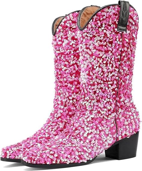 Amazon.com | KysBloes Women Glitter Cowboy Boots Knee High Sparkly Boots Chunky Heel Mid Calf Cowgirl Boots Pull On Sequin Cloth Western Boots(Hot pink,US size 9) | Knee-High Glitter Cowboy Boots, Sparkly Boots, Boots Chunky Heel, Boots Knee High, Boots Chunky, Boot Pulls, Boots Knee, Cowgirl Boots, Chunky Heel