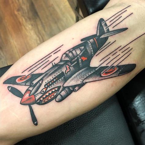 Traditional Plane Tattoo, Fighter Plane Tattoo, Spitfire Tattoo, Traditional Tattoo Arm, Aviation Tattoo, Optical Illusion Tattoos, Illusion Tattoos, Plane Tattoo, Traditional Tattoo Flash Art