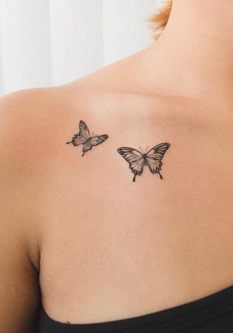 Small And Big Butterfly Tattoo, Butterfly Tattoo Under Collar Bone, Creative Tattoos Butterfly, Aesthetic Family Tattoo, Monarch Butterfly Tattoo Collar Bone, Begging Tattoo, Small Butterfly Tattoo On Chest, Small Butterfly Tattoo Black, Small Butterfly Tattoo Collar Bone