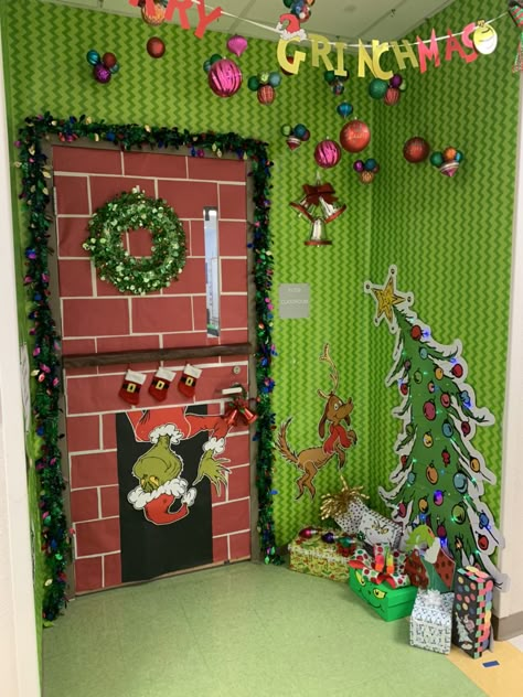 Grinchmas Decorations Diy, Grinchmas Decorations, Jingle Bell Tree, Whoville Christmas Decorations, Christmas Door Decorating, Christmas Cubicle Decorations, Grinch Sign, Christmas Hallway, Door Decorations Classroom Christmas