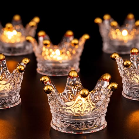 PRICES MAY VARY. Elegant Crown Candle Holders: The crown conveys a sense of beauty and elegance, and this glass candle holder is inspired by the patterns and shapes of the crown. Measuring 2.2"D (Bottom) x 2"H, this tea light holder might be small but they definitely make their own statement. They are pretty lit even without light, adding such a luxurious and unique aesthetic touch to tablescape. Well Graft Decorative Candle Holder: Each Glasseam tea candle holder presents the fine workmanship o Tea Lights Centerpieces, Crown Candle Holder, Glass Tealight Candle Holders, Candle Stick Decor, Electronic Candles, Crown Crystal, Candle Night, Small Candle Holders, Candleholder Centerpieces